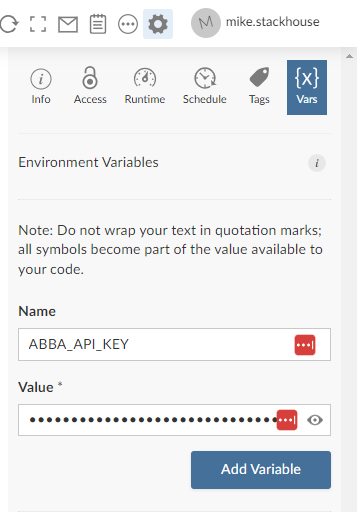 Environment variable panel